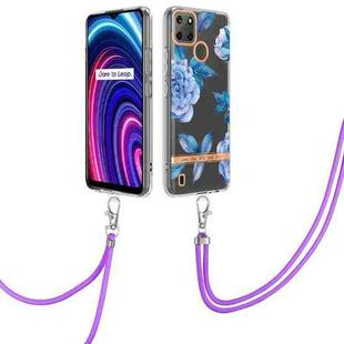 For OPPO Realme C21Y Flowers Series TPU Phone Case with Lanyard(Blue Peony)