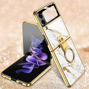 For Samsung Galaxy Z Flip3 5G GKK Electroplating Tempered Glass Painted Phone Case with Ring Holder(Gold Line White)