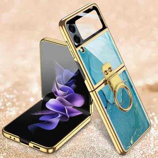 For Samsung Galaxy Z Flip3 5G GKK Electroplating Tempered Glass Painted Phone Case with Ring Holder(Lake Blue)
