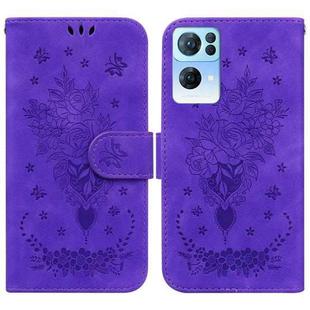 For OPPO Reno7 Pro 5G Butterfly Rose Embossed Leather Phone Case(Purple)