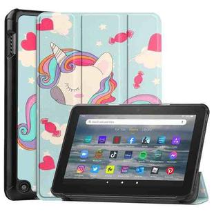 For Amazon Kindle Fire 7 2022 Custer Painted 3-Fold Holder Smart Leather Tablet Case(Unicorn)