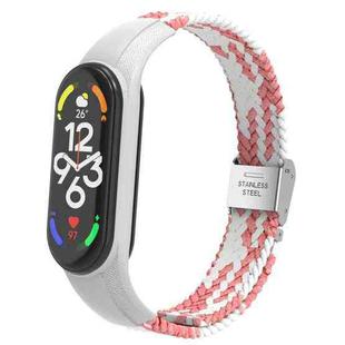 For Xiaomi Mi Band 7 Adjustable Nylon Braided Integrated Watch Band(Pink White)
