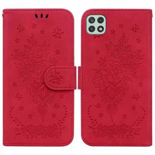 For Samsung Galaxy A22 5G Butterfly Rose Embossed Leather Phone Case(Red)