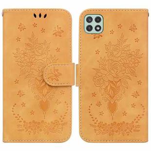 For Samsung Galaxy A22 5G Butterfly Rose Embossed Leather Phone Case(Yellow)