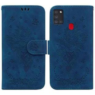 For Samsung Galaxy A21s Butterfly Rose Embossed Leather Phone Case(Blue)
