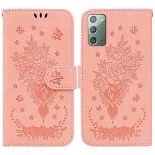 For Samsung Galaxy Note20 Butterfly Rose Embossed Leather Phone Case(Pink)