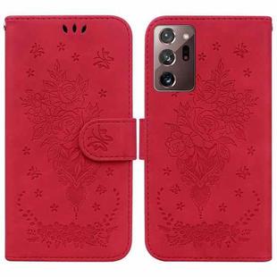 For Samsung Galaxy Note20 Ultra Butterfly Rose Embossed Leather Phone Case(Red)