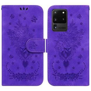 For Samsung Galaxy S20 Ultra Butterfly Rose Embossed Leather Phone Case(Purple)
