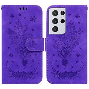 For Samsung Galaxy S21 Ultra 5G Butterfly Rose Embossed Leather Phone Case(Purple)