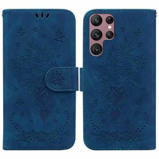 For Samsung Galaxy S22 Ultra 5G Butterfly Rose Embossed Leather Phone Case(Blue)