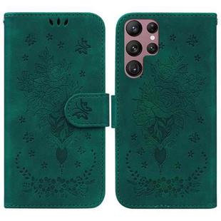 For Samsung Galaxy S22 Ultra 5G Butterfly Rose Embossed Leather Phone Case(Green)