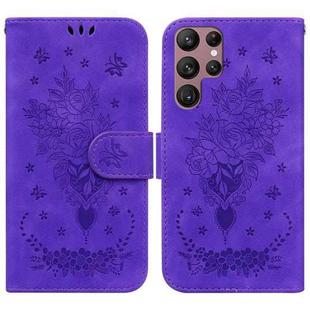 For Samsung Galaxy S22 Ultra 5G Butterfly Rose Embossed Leather Phone Case(Purple)