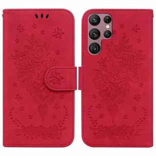 For Samsung Galaxy S22 Ultra 5G Butterfly Rose Embossed Leather Phone Case(Red)