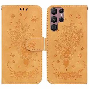 For Samsung Galaxy S22 Ultra 5G Butterfly Rose Embossed Leather Phone Case(Yellow)