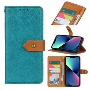 For iPhone 14 Plus European Floral Embossed Copper Buckle Horizontal Flip PU Leather Phone Case  (Blue)