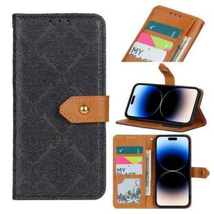 For iPhone 14 Pro Max European Floral Embossed Copper Buckle Horizontal Flip PU Leather Phone Case (Black)