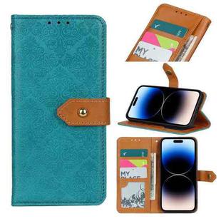 For iPhone 14 Pro Max European Floral Embossed Copper Buckle Horizontal Flip PU Leather Phone Case (Blue)