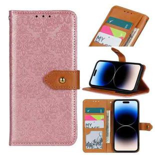 For iPhone 14 Pro Max European Floral Embossed Copper Buckle Horizontal Flip PU Leather Phone Case (Pink)