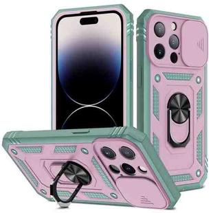 For iPhone 14 Pro Max Sliding Camera Cover Design TPU + PC Protective Phone Case (Grey Green+Pink)