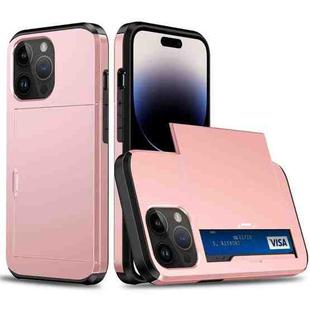 For iPhone 14 Pro Max Shockproof Armor Protective Phone Case with Slide Card Slot (Rose Gold)