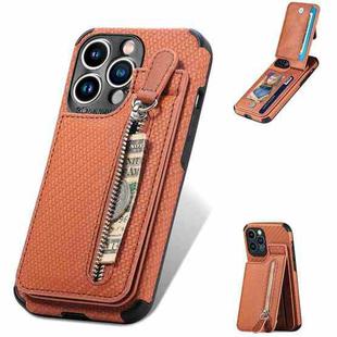 For iPhone 13 mini Carbon Fiber Vertical Flip Zipper Phone Case (Brown)