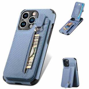 For iPhone 13 Carbon Fiber Vertical Flip Zipper Phone Case(Blue)