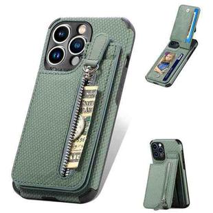 For iPhone 13 Carbon Fiber Vertical Flip Zipper Phone Case(Green)