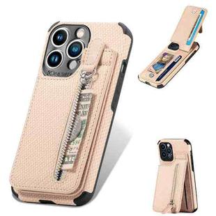 For iPhone 13 Pro Max Carbon Fiber Vertical Flip Zipper Phone Case (Khaki Apricot)