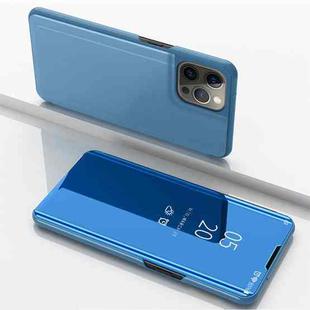 For iPhone 14 Pro Max Plated Mirror Horizontal Flip Leather Phone Case with Holder (Blue)