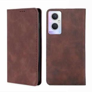 For OPPO A96 5G Skin Feel Magnetic Horizontal Flip Leather Phone Case(Dark Brown)