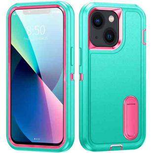 For iPhone 14 Plus 3 in 1 Rugged Holder Phone Case  (Blue + Pink)