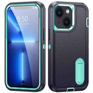 For iPhone 14 Plus 3 in 1 Rugged Holder Phone Case  (Dark Blue+Light Blue)