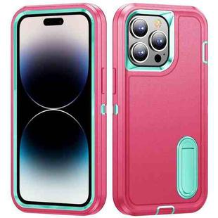 For iPhone 14 Pro 3 in 1 Rugged Holder Phone Case (Pink + Blue)