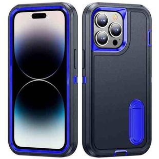 For iPhone 14 Pro Max 3 in 1 Rugged Holder Phone Case (Dark Blue+Sapphire Blue)