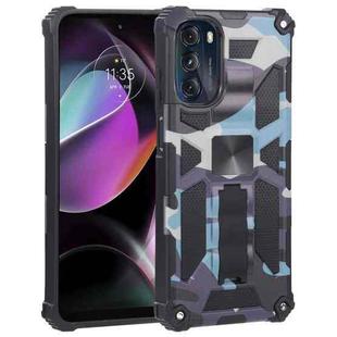 For Motorola Moto G 2022 Camouflage Armor Kickstand TPU + PC Magnetic Phone Case(Light Blue)