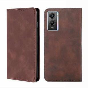 For vivo Y55s 5G Skin Feel Magnetic Horizontal Flip Leather Phone Case(Dark Brown)
