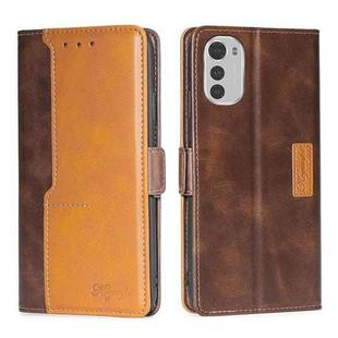 For Motorola Moto E32 4G Contrast Color Side Buckle Leather Phone Case(Dark Brown + Gold)