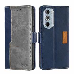 For Motorola Moto Edge+ 2022/Edge 30 Pro Contrast Color Side Buckle Leather Phone Case(Blue + Grey)