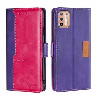 For Motorola Moto G9 Plus Contrast Color Side Buckle Leather Phone Case(Purple + Rose Red)