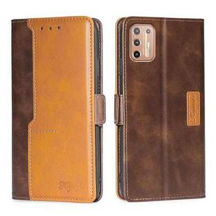 For Motorola Moto G9 Plus Contrast Color Side Buckle Leather Phone Case(Dark Brown + Gold)