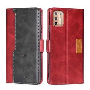 For Motorola Moto G9 Plus Contrast Color Side Buckle Leather Phone Case(Red + Black)
