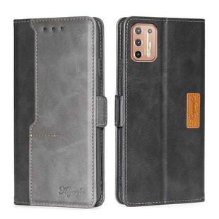 For Motorola Moto G9 Plus Contrast Color Side Buckle Leather Phone Case(Black + Grey)