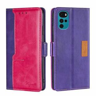 For Motorola Moto G22 Contrast Color Side Buckle Leather Phone Case(Purple + Rose Red)
