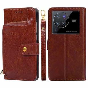 For vivo X80 Pro China Zipper Bag Leather Phone Case(Brown)