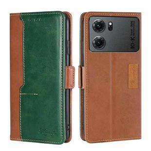 For OPPO K10 5G Contrast Color Side Buckle Leather Phone Case(Light Brown + Green)