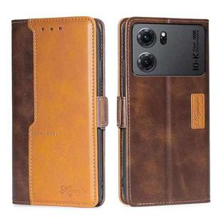 For OPPO K10 5G Contrast Color Side Buckle Leather Phone Case(Dark Brown + Gold)