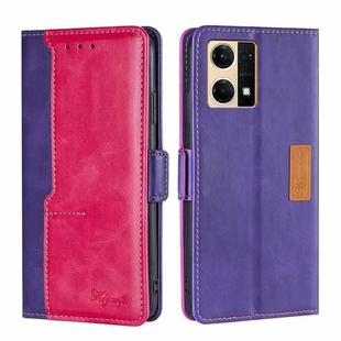 For OPPO Reno7 4G/F21 Pro 4G Contrast Color Side Buckle Leather Phone Case(Purple + Rose Red)