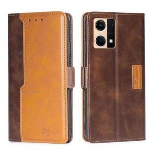 For OPPO Reno7 4G/F21 Pro 4G Contrast Color Side Buckle Leather Phone Case(Dark Brown + Gold)