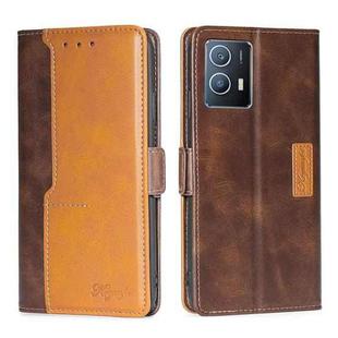 For vivo iQOO U5 5G Contrast Color Side Buckle Leather Phone Case(Dark Brown + Gold)