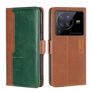 For vivo X80 Pro Contrast Color Side Buckle Leather Phone Case(Light Brown + Green)